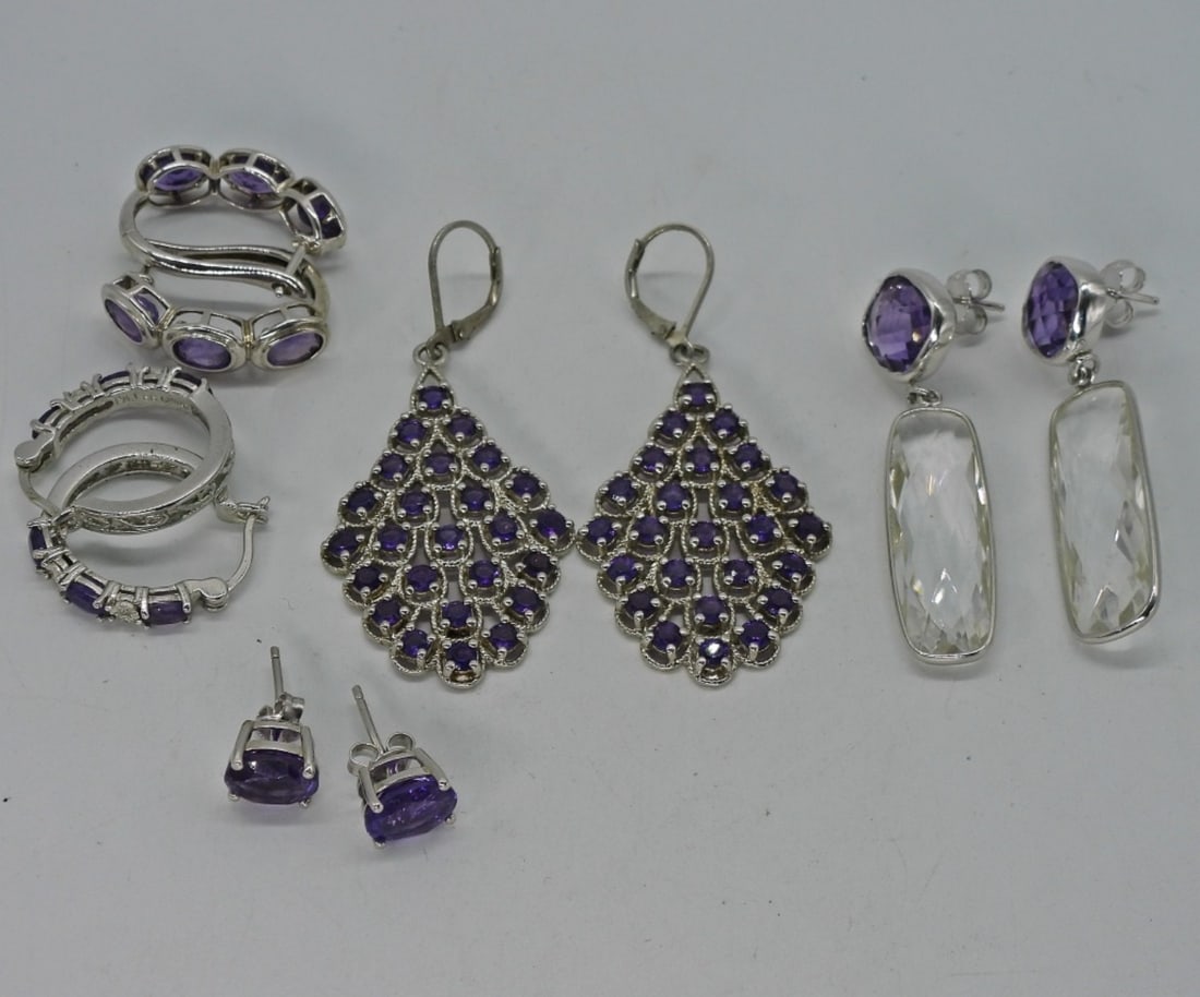 5 Pair Sterling Amethyst Pierced Earrings (1 of 3)