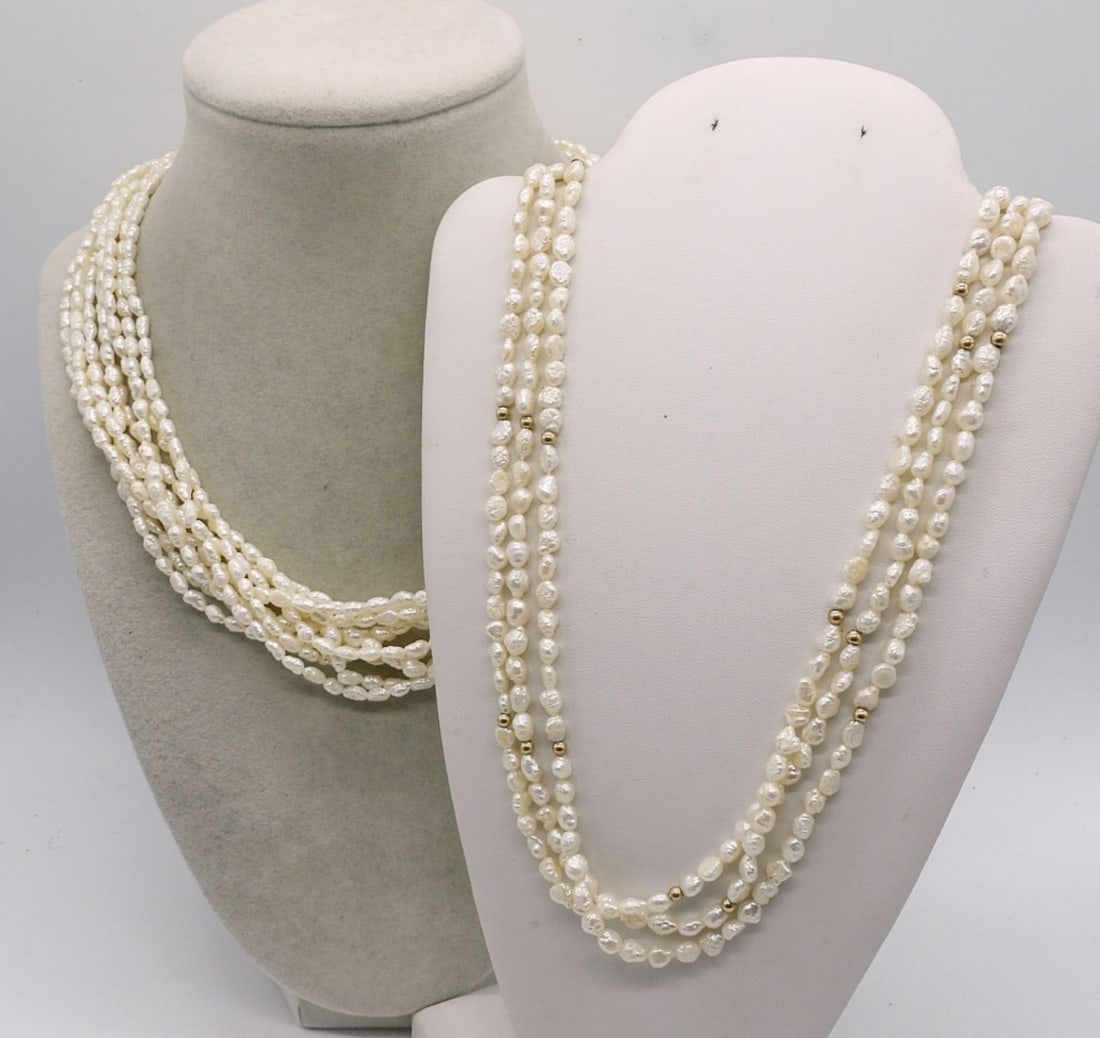 (2) Freshwater Pearl Necklaces 14K: 2 Freshwater pearl necklaces with 14k yellow gold clasps, one had tiny 14k beads. 18" & 24". (1 DWT / 14KG)