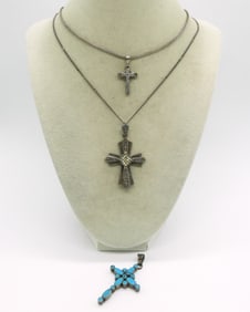 3 Cross Pendants, Marcasite & Turquoise 925