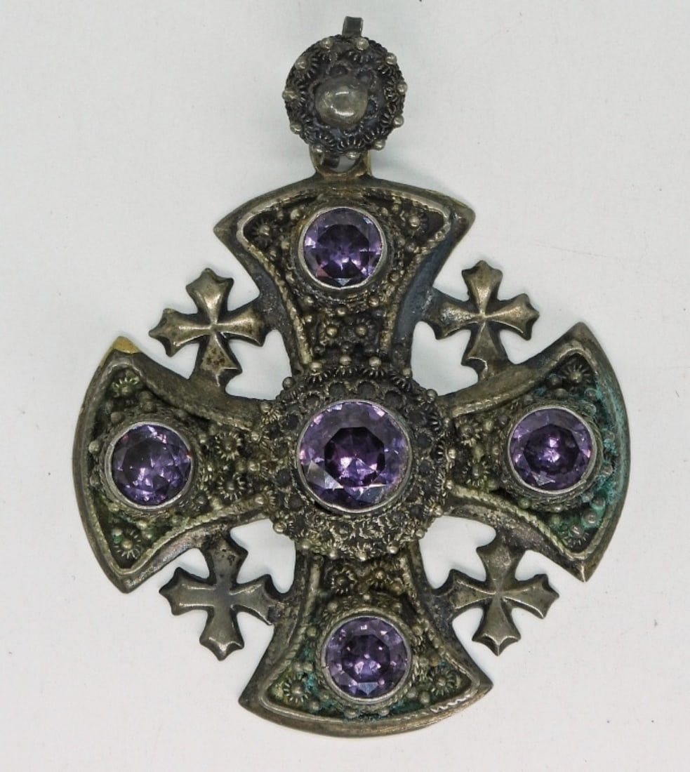 Sterling Jerusalem Cross with Amethyst: Sterling pendant, Jerusalem cross. Amethyst gemstones. 3". (24 dwt)