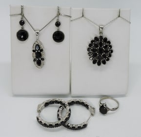 Black Spinel Sterling Necklaces, Earrings, Ring