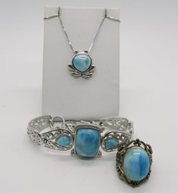Larimar 925 Frog Necklace, Ring, Bracelet