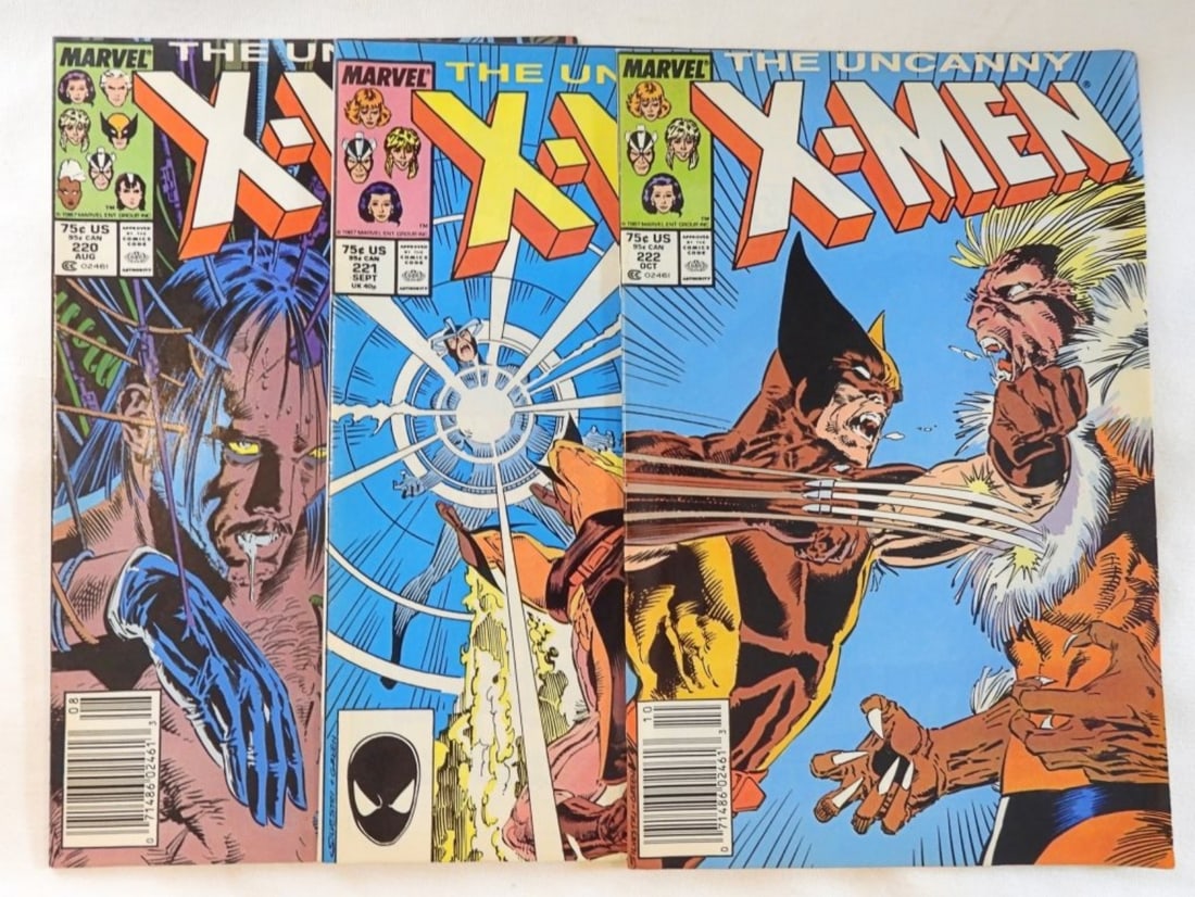 3 Marvel The Uncanny X-Men Mr. Sinister: first full appearance of Mister Sinister in issue #221, also issues 220 and 222, #220 has a rip in the back cover, various conditions