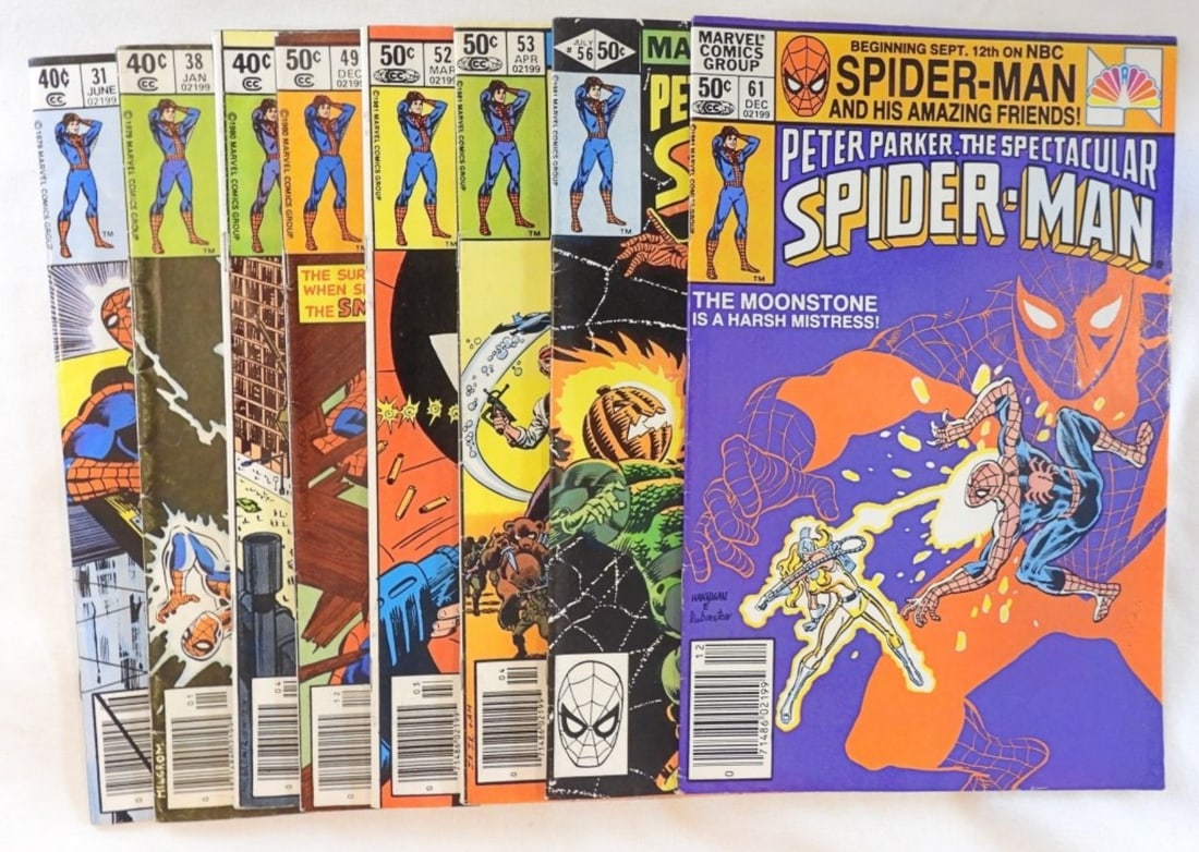 8 Peter Parker The Spectacular Spider-Man: 8 1970s-1980s Spider-Man Comics, #31, 38, 41, 49, 52, 53, 56, and 61, G-VG
