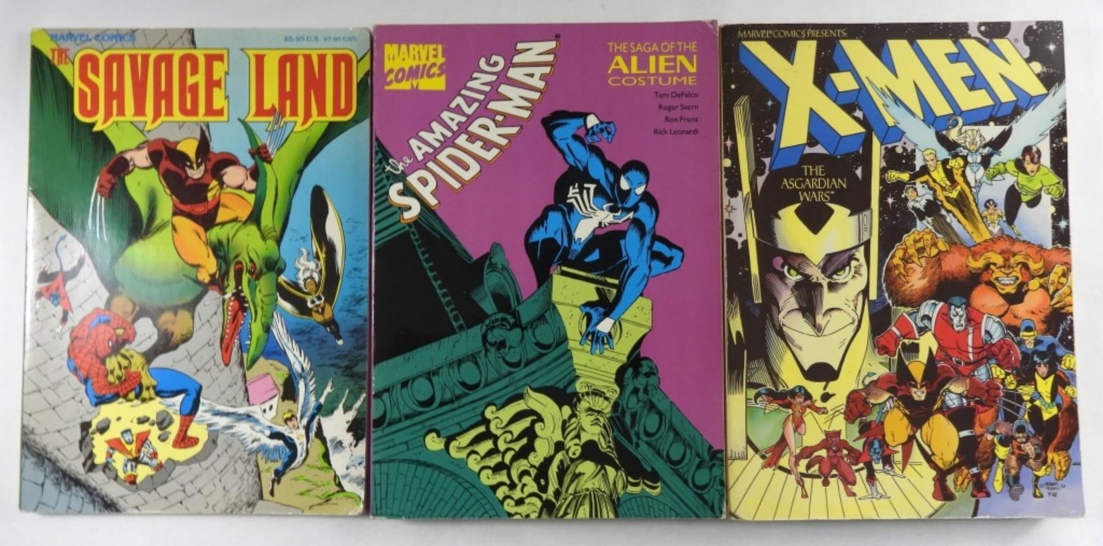 (3) Marvel Novel Paperback Books: Amazing Spider-Man Saga of the Alien Costume, X-Men The Asgardian Wars, Savage Land, conditions vary