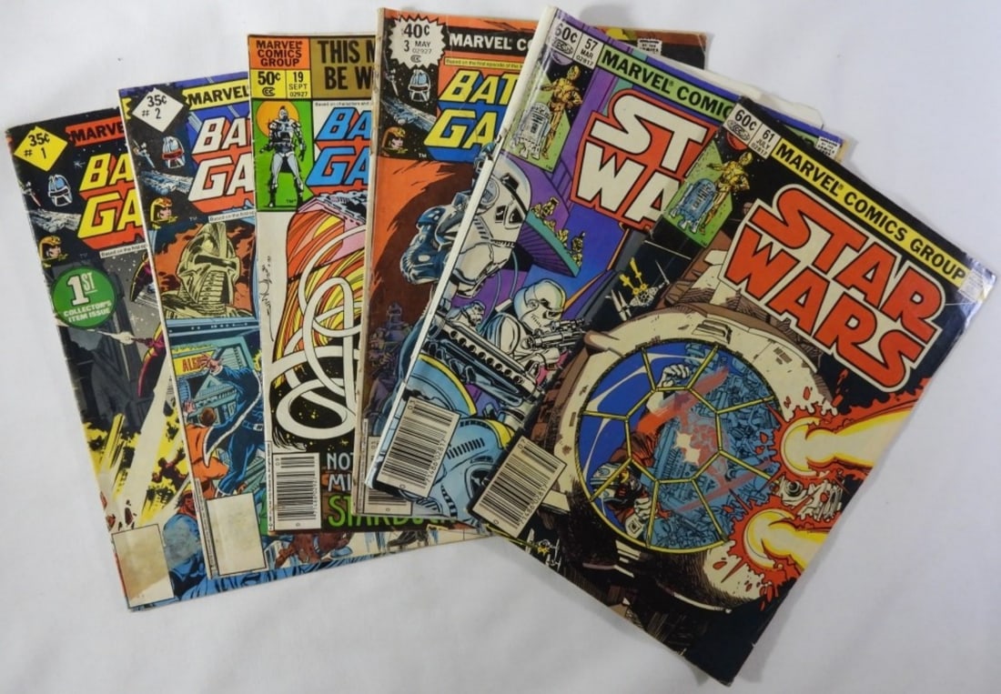 Battle Star Galactica & Star Wars Lot Of 5: 1982 #57 & #61 Star Wars, 1978 Battle Star Galactica #1-3 and #14 (1980), various conditions