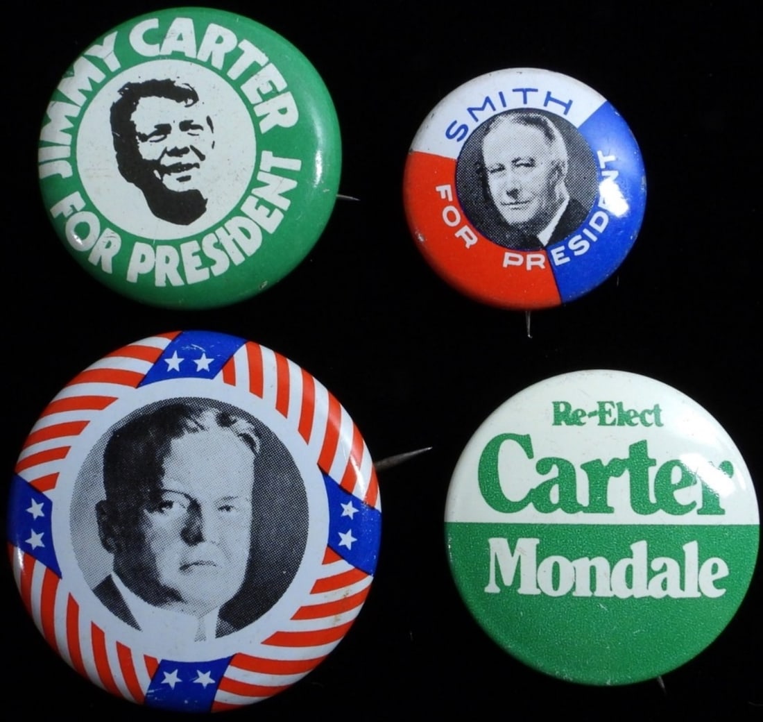 (4) Elect President Pins: 1) Hoover 2) Smith For President 3) Jimmy Carter For President 4) Re-Elect Carter Mondale