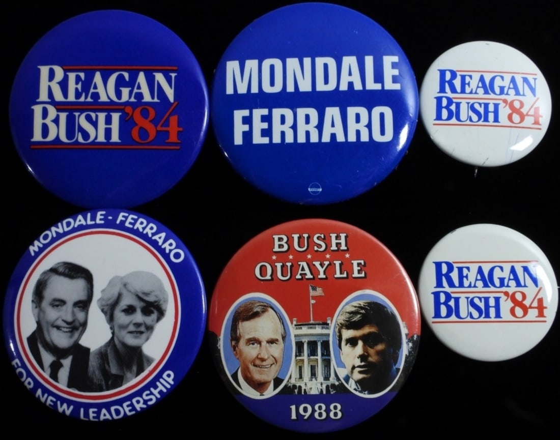 (6) 1984 and 1988 President Pins: 1) Mondale-Ferraro For New Leadership 2)Mondale Ferraro 3) Reagan Bush '84 (Blue) 4) (2) Small White Reagan Bush '84 5) Bush Quayle 1988