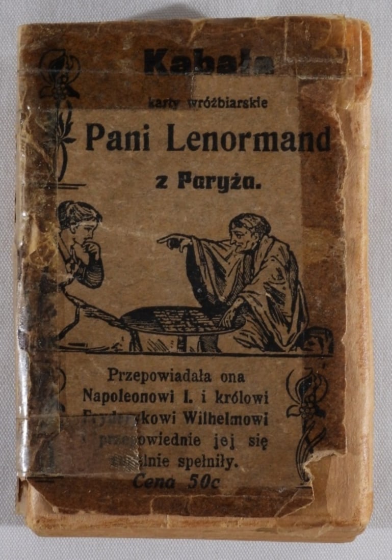 Vintage Polish Fortune Telling Cards (36): Pani Lenormand 2 Paryza Kabala. All 36 cards are in this set. The cover is falling apart and is taped up with tape.