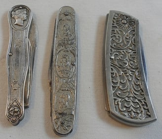3 Ornate Silver Tone Pocket Knives