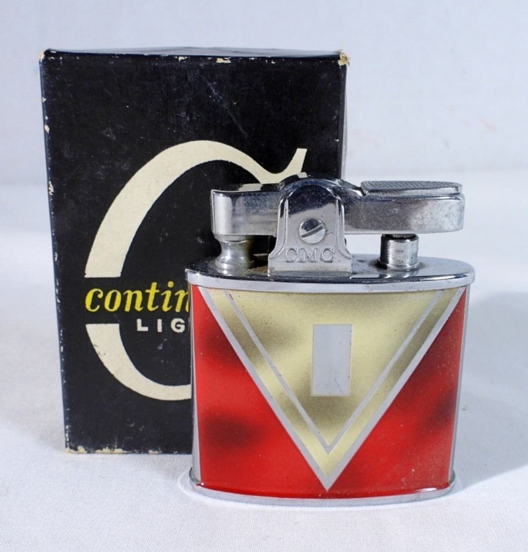 Vintage Continental Lift Arm Lighter: Untested like new in box art deco lighter red and tan