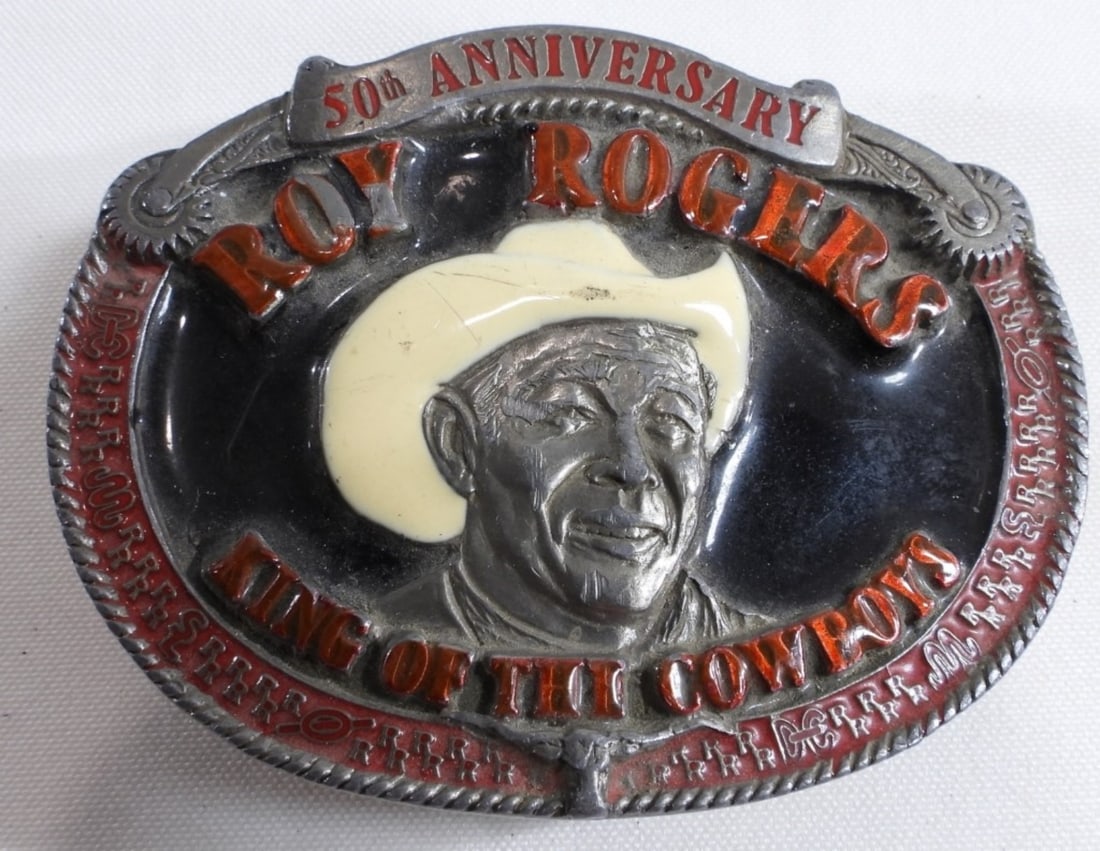 50th Anniversary Roy Rogers Belt Buckle: King Of The Cowboys. Made with black, white, and red enamel. Great collectors piece. #4023 of 10,000 Limited Edition