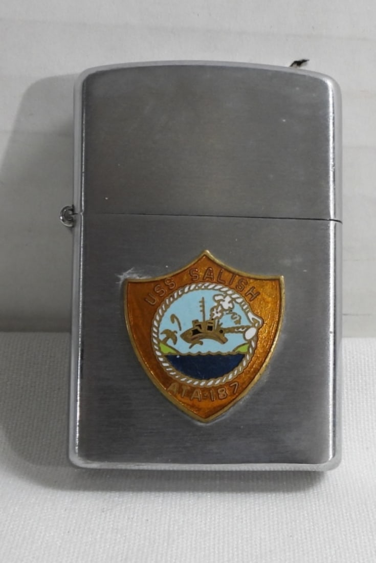 USS Salish ATA-187 Super Ace Lighter: Unfired commemorative enamel medallion on one side, other the USS Salish ATA-187