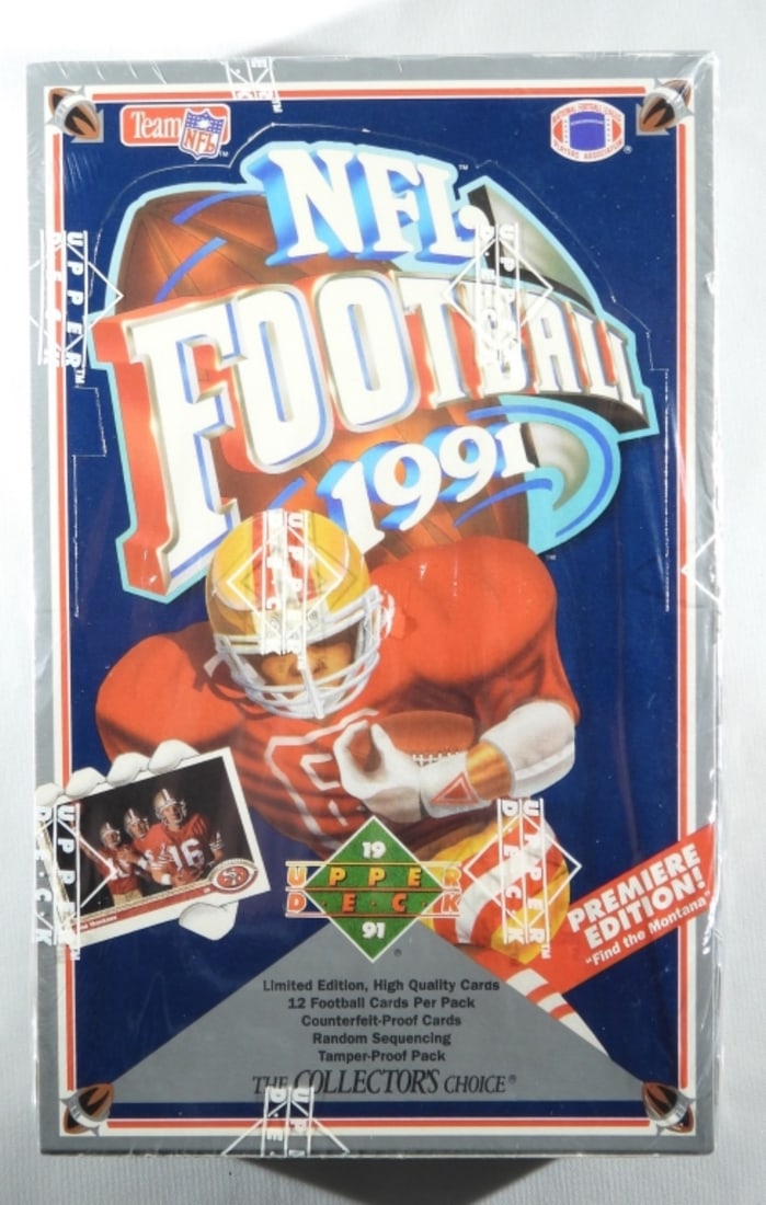NFL Football 1991 Upper Deck Collector Box: NFL Football 1991 Upper Deck collector box with the plastic film still on it, has a small hole in it.