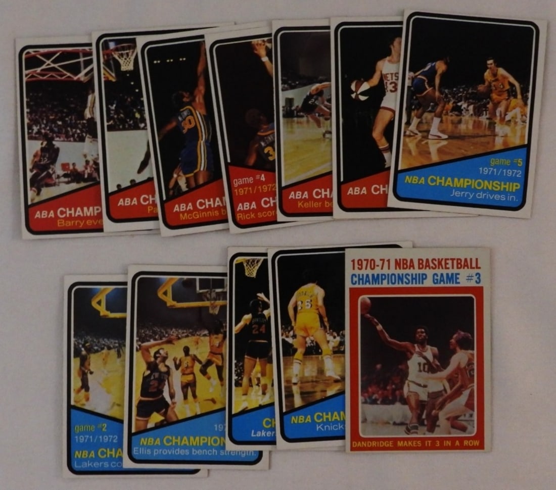 1970s TOPPS NBA & ABA Championship Cards: 12 early 1970s NBA & ABA TOPPS Championship cards, including NBA 1971/1972 #159, ABA games #1-6, and others, conditions vary