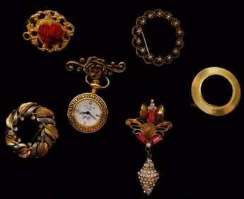6 Gold-Tone Brooches