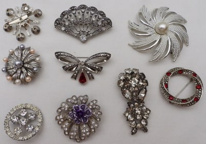 9 Silver-Tone Brooches