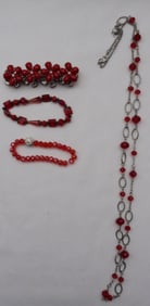 (3) Red Bracelets And A Necklace