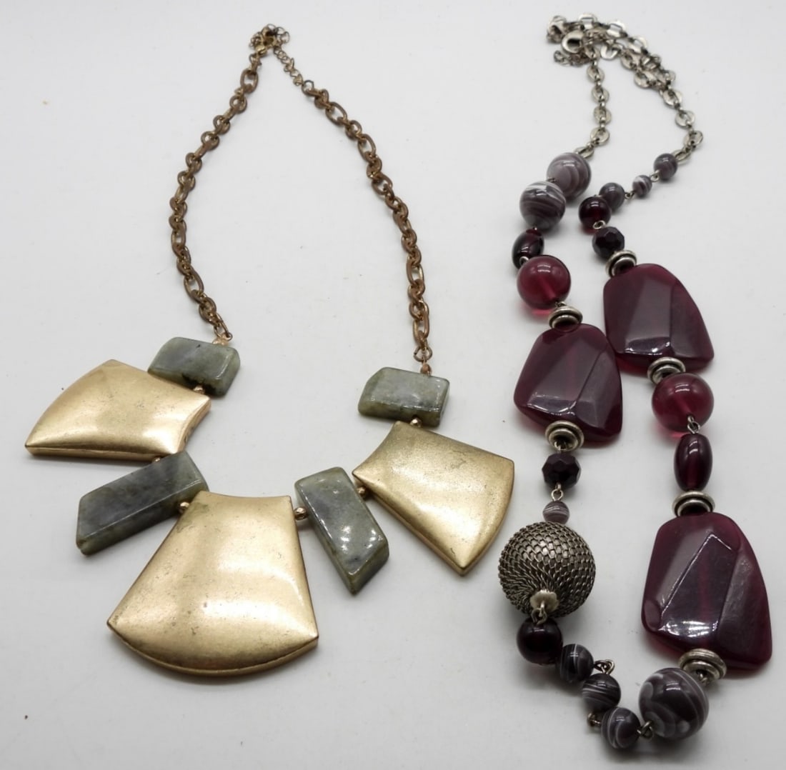 2 Necklaces Antique Style: 1 has purple beads. The other has sea-foam green and gold tone beads