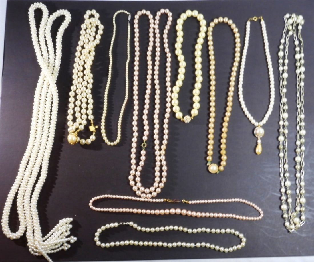 10 Faux Pearl Necklace: Gold and silver tones, Lengths are from 64" to 17"