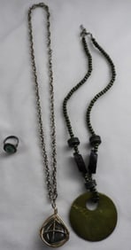 (2) Green Stone Necklaces (1) Ring