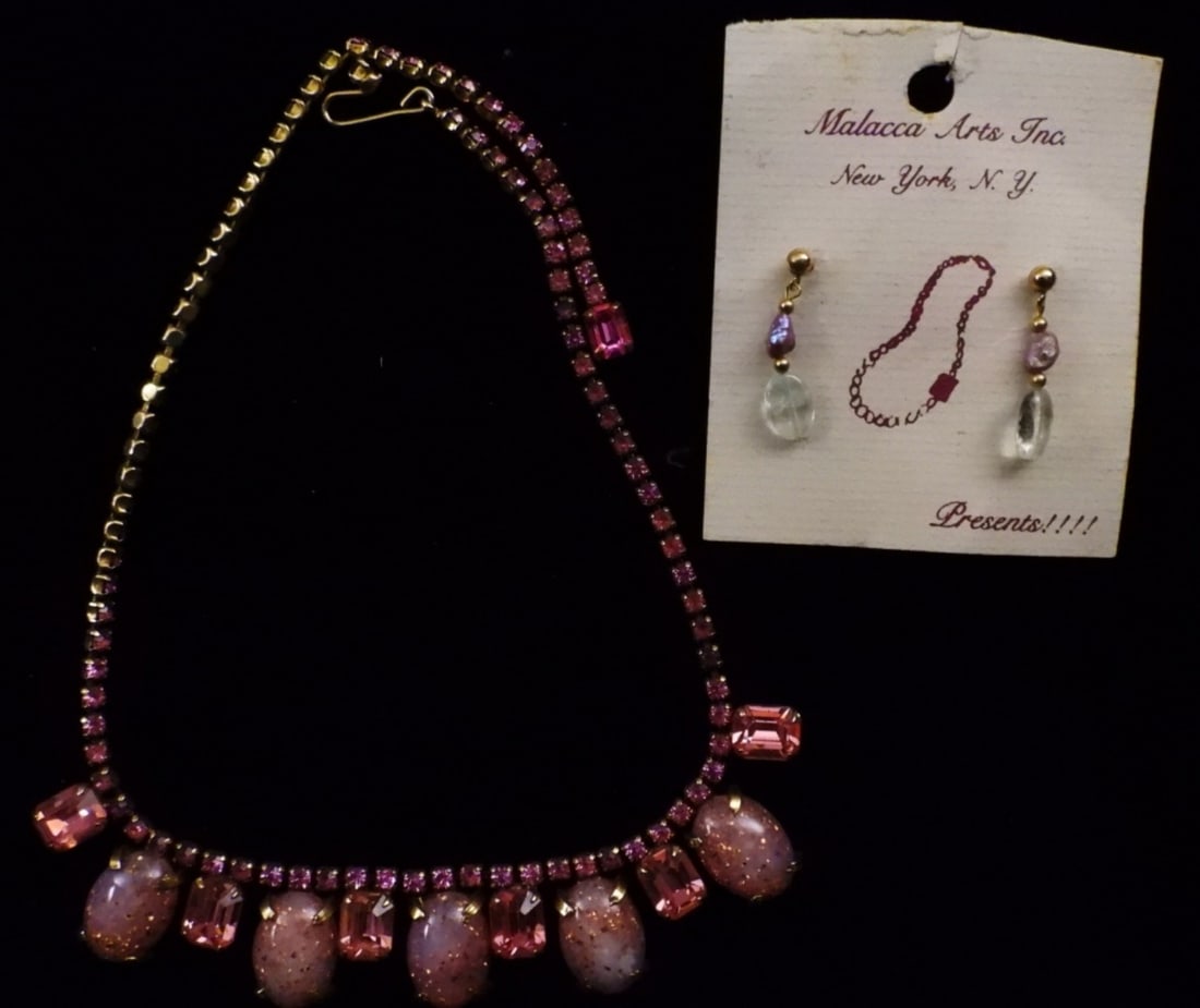 (1) Pair Of Earrings (1) Necklace: Pink And Gold-Tone