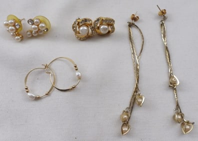4 Pairs Of Gold-Tone, Faux Pearl Earrings