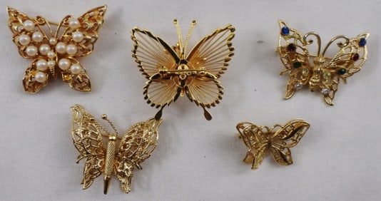 (5) Gold-Tone Butterfly Brooches