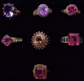 (7) Rings With Dark Pink Rhinestones