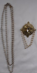 White Beaded Necklace & Large Brooch