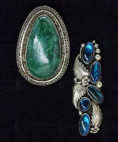 2 Vintage Sterling Rings - Abalone, Malachite