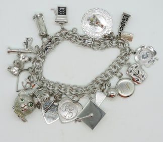 Vintage Sterling Charm Bracelet, 17 Charms