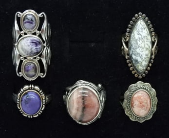 5 Sterling Charoite, Rhodochrosite Rings +
