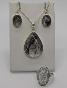 Black Rutile Ring, Necklace Earring Set 925