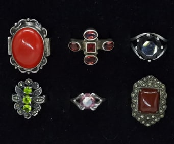 6 Vintage Sterling Gemstone Rings