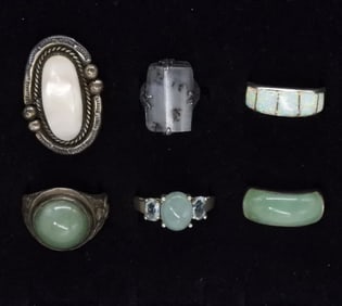 6 Sterling Rings, Jade, Opal & Moss Agate