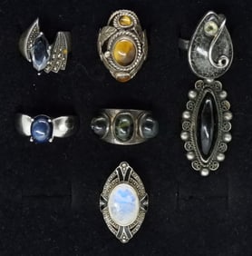 7 Sterling Rings - Star Sapphire, Moonstone +