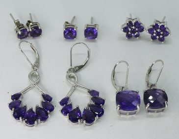 5 Pair of Sterling Amethyst Pierced Earrings