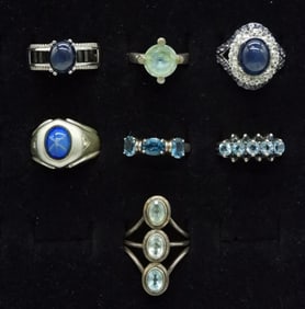 7 Sterling Rings, Star Sapphire, Blue Topaz +