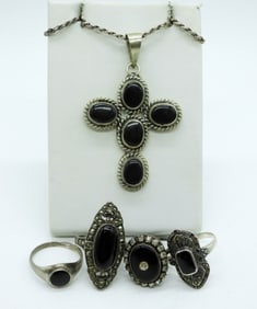 Black Onyx Mexico 925 Cross Necklace Rings