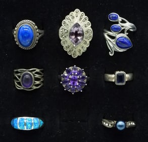 8 Sterling Fashion Rings Amethyst, Opal, More