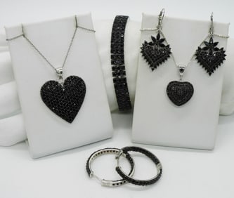 5 Piece Black Spinel Necklace, Earrings 925