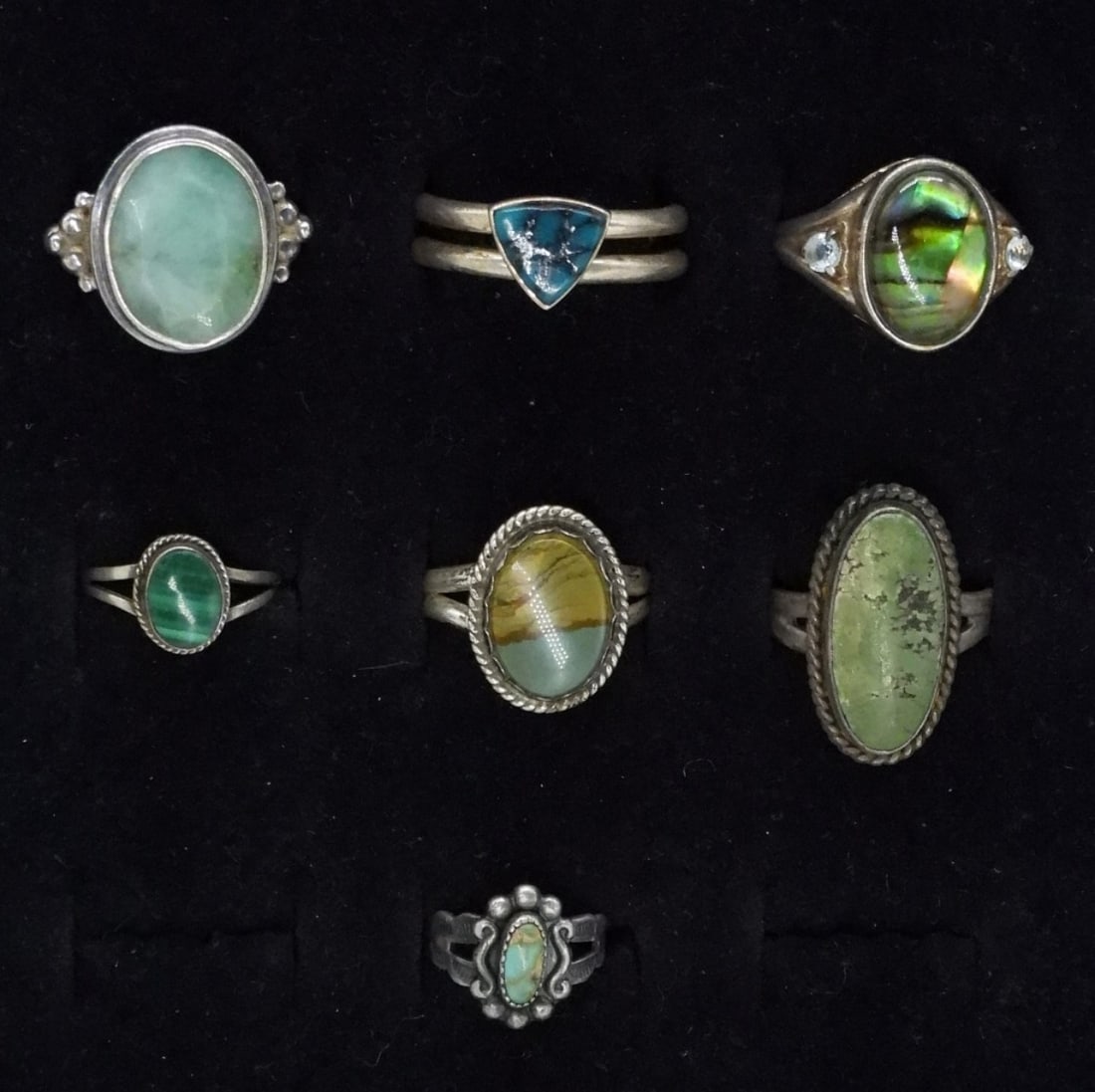7 Sterling Various Gemstone Rings: Seven sterling rings. Agate, Malachite, Turquoise & More. Sizes 2.5-8 (19 dwt)