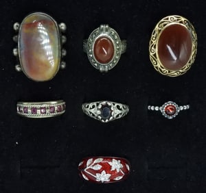 7 Sterling Various Red Gemstone Rings