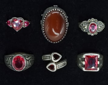 6 Sterling Red Gemstone Fashion Rings