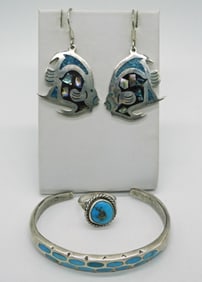 Taxco 925 Turquoise Earrings, Bracelet, Ring