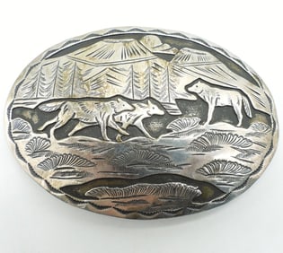 G Delgarito Sterling Wolf Scene Belt Buckle