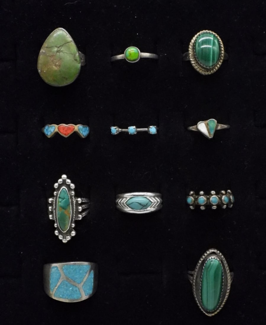 11 Sterling Turquoise Fashion Rings: Eleven sterling turquoise rings, sizes 4-10. Green and Blue Turquoise, Malachite. (27 dwt)