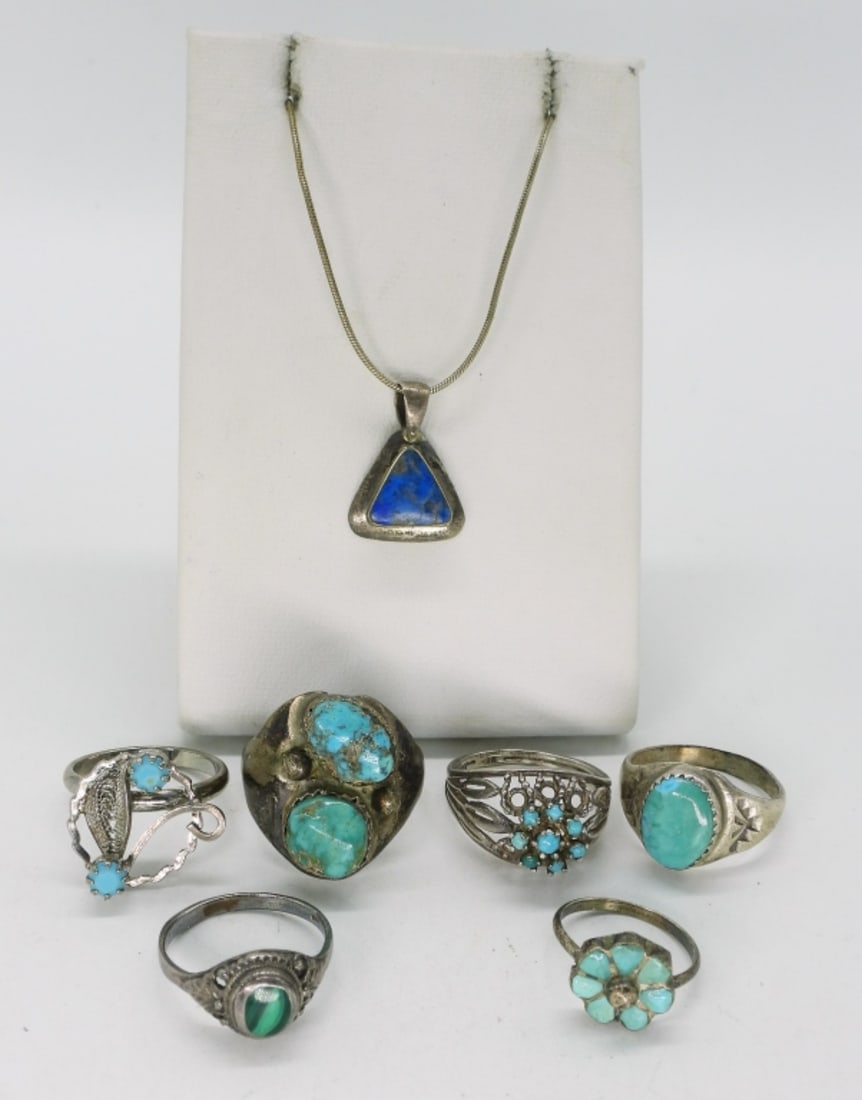 Vintage 925 Turquoise & Malachite Rings: Six sterling rings. One malachite & the rest turquoise. Sizes 3.5-9.5. Lapis Lazuli sterling necklace, 20". (15.3 dwt)
