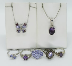 7 Sterling Amethyst Rings & Necklaces